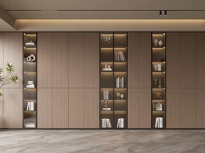 Modern Wooden Bookcase with Open Layered Shelves Holding Books and Decorations 3d model