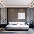 Modern Bedroom With Wooden Wall Paneling Large Bed Bedside Tables Hanging Lamps And Area Rug
