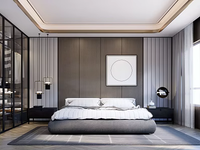 Modern Bedroom With Wooden Wall Paneling Large Bed Bedside Tables Hanging Lamps And Area Rug 3d model