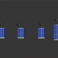 Four Blue Trolleys With Railings And Businessmen On Reflective Surface