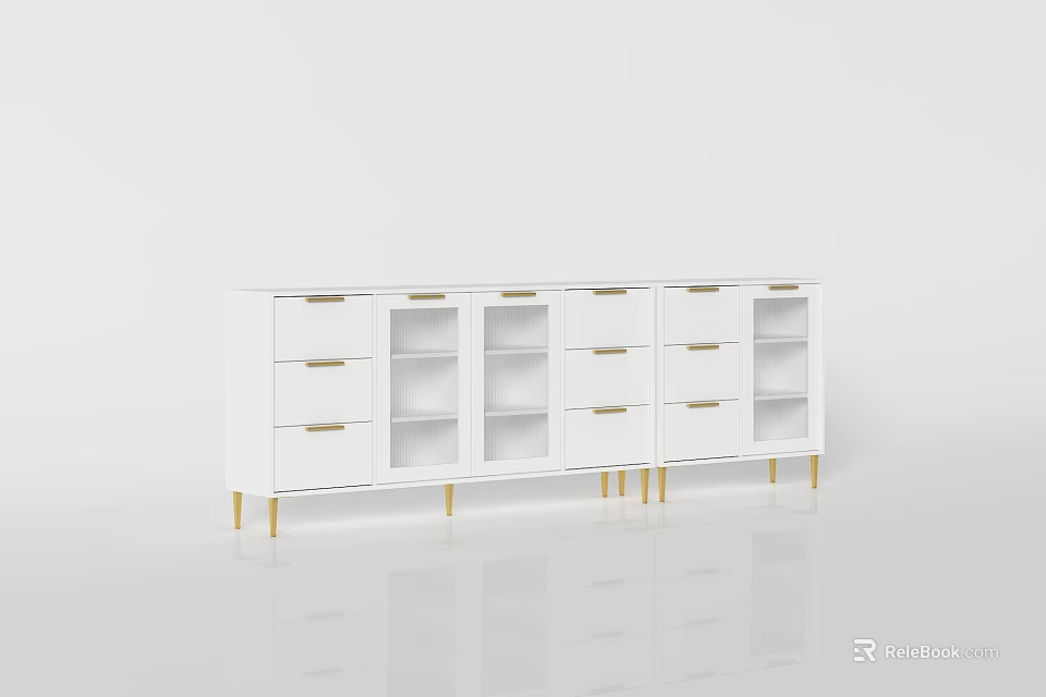 White Modern Sideboard with Drawers Glass Doors and Gold Legs for Dining Room 3d model 