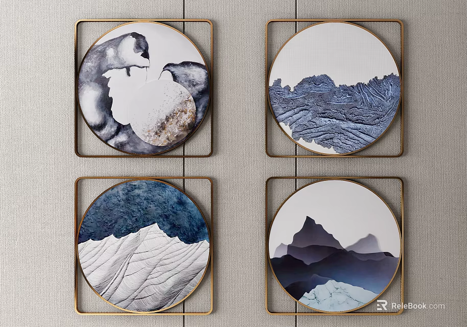 Inflatable Decorative Artworks With Landscape Patterns And Golden Frames On Wall 3d model