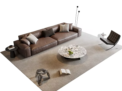 Modern Brown Leather Sofa And Round Marble Coffee Table Set With Accent Chair And Rug 3d model