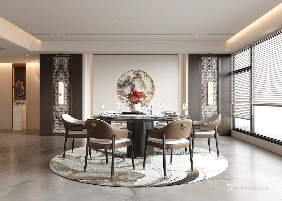 Elegant Restaurant Interior With Round Dining Table Chairs Circular Decorative Painting And Large Windows 3d model 