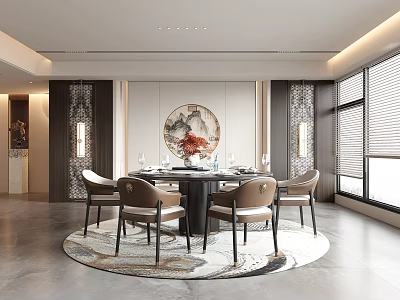 Elegant Restaurant Interior With Round Dining Table Chairs Circular Decorative Painting And Large Windows 3d model
