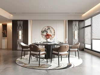 New Chinese Restaurant Dining Table and Chair Round Dining Table Dining Chair Single Chair Background Wall 3d model
