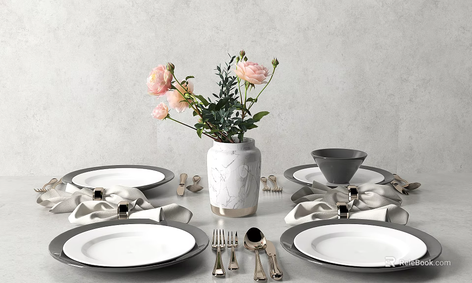 Elegant Dinnerware Set with White Rimmed Plates Folded Napkins Gray Bowl and Pink Flower Vase 3d model 