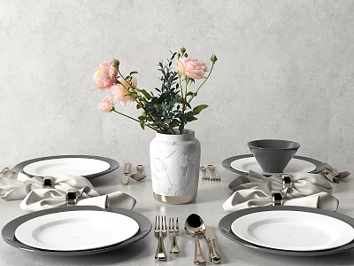Elegant Dinnerware Set with White Rimmed Plates Folded Napkins Gray Bowl and Pink Flower Vase 3d model