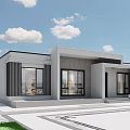 Modern Detached Villa Exterior With Large Windows Black Door Front Steps And Green Lawn