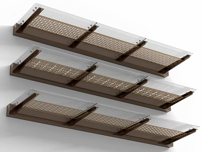 Three Brown Frame Wall Mounted Awnings With Transparent Panels And Grid Design 3d model