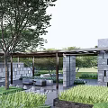 Modern Pergola Design With Central Tree Stone Walls And Courtyard Greenery