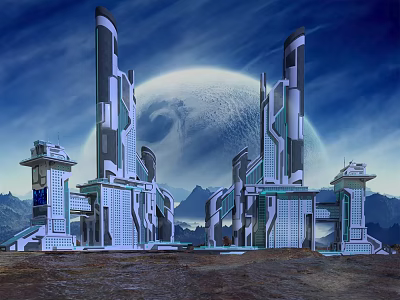 Futuristic SciFi Architecture Featuring Tall Towers Planetary Backdrop And Mountain Ranges 3d model