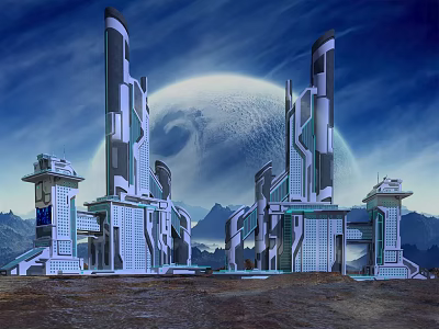 Futuristic SciFi Architecture Featuring Tall Towers Planetary Backdrop And Mountain Ranges 3d model