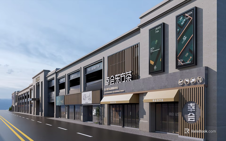 Modern Commercial Street With Storefronts Glass Facade Awning And Signages 3d model 