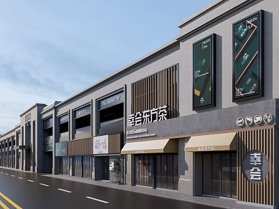 Modern Commercial Street With Storefronts Glass Facade Awning And Signages 3d model