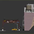Multi Story Building With Water Tower Pink Facade And Parking Area Featuring Construction Vehicle