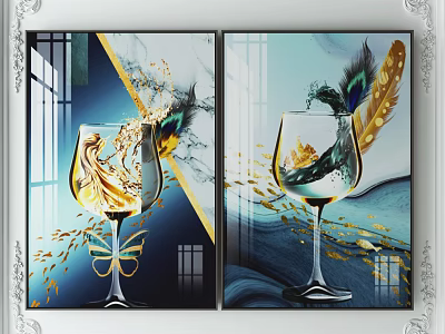 Decorative Paintings With Wine Glasses Peacock Feathers And Gold Elements On Blue Background 3d model