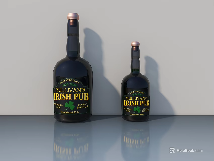 Two Sullivan's Irish Pub Whiskey Bottles With Green Clover Labels On Gray Surface 3d model 