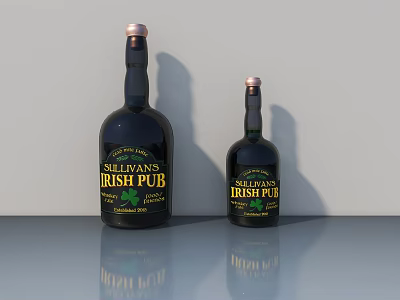 Two Sullivan's Irish Pub Whiskey Bottles With Green Clover Labels On Gray Surface 3d model