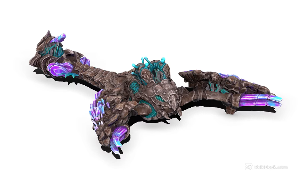 Mythical Rock Like Creature With Purple Blue Glowing Wings And Spikes 3d model 