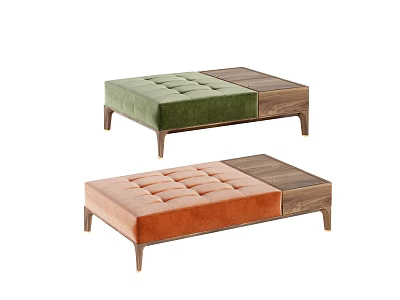 Modern Tufted Ottoman Stools With Green Orange Upholstery And Wooden Base 3d model