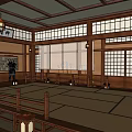 Traditional Cultural Center Interior With Wooden Structure Tatami Lanterns And Calligraphy Scrolls