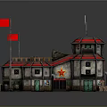 Cartoon Style Fortress Scene With Red Flags Multi Level Tower And Wooden Fence