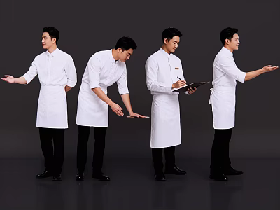 Group of Male Chefs in White Uniforms Performing Various Actions Against Gray Background 3d model