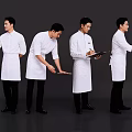 Group of Male Chefs in White Uniforms Performing Various Actions Against Gray Background