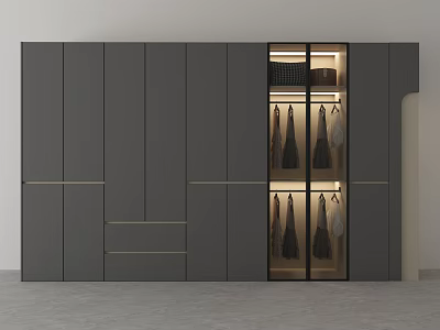 Modern Wardrobe Design With Gray Panels Glass Doors Interior Hanging Area And Drawers 3d model