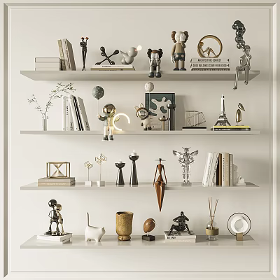 Decorative Ornament Set On Shelves Display With Statues Books Vases Globes And Candle Holders 3d model