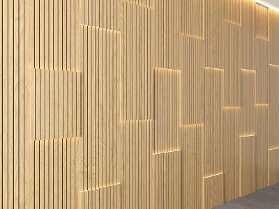 Modern Wooden Sofa Background Wall Design With Vertical Slats And Ambient Lighting For Living Room 3d model