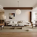 Modern Living Room Interior With White Sofa Wooden Coffee Table Abstract Art And Pendant Light