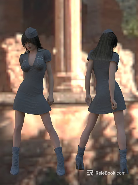 Woman in Gray Dress Standing Against Brick Background Showing Front and Back Views 3d model 