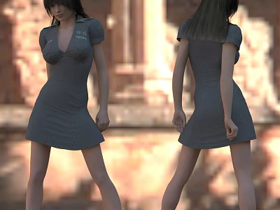 Woman in Gray Dress Standing Against Brick Background Showing Front and Back Views 3d model