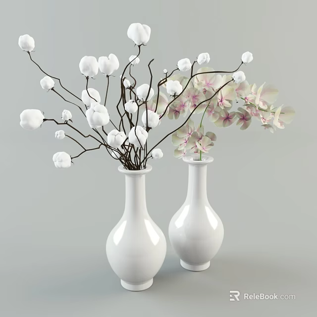 Two Decorative White Vases With White Flowers Slender Branches And Pink Orchids 3d model 