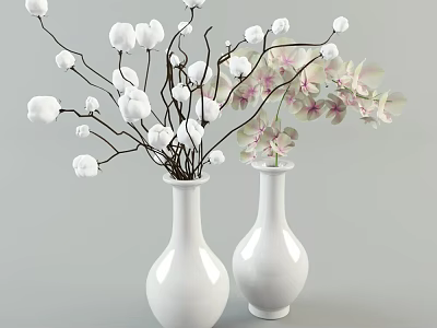 Two Decorative White Vases With White Flowers Slender Branches And Pink Orchids 3d model