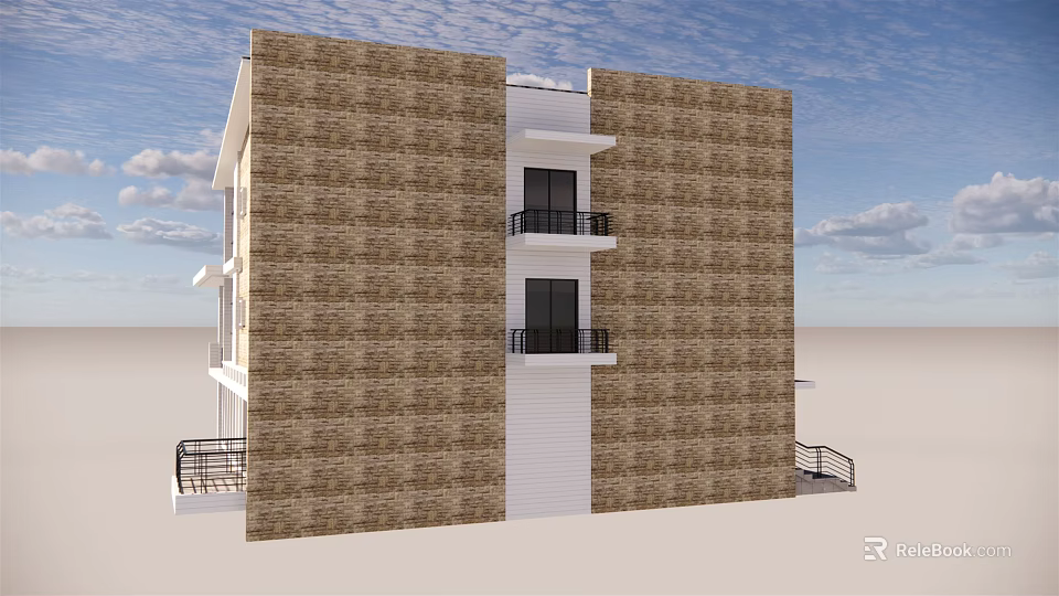 Brown Brick Detached Villa Exterior With White Vertical Trim Balconies And Black Railings 3d model 