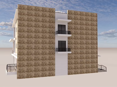 Brown Brick Detached Villa Exterior With White Vertical Trim Balconies And Black Railings 3d model