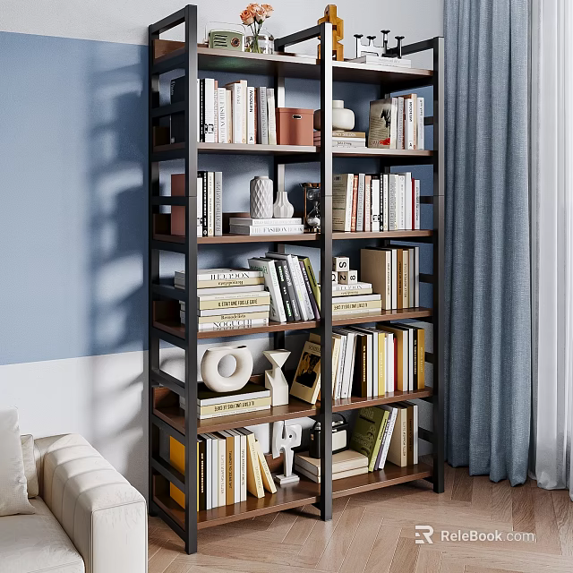 Modern Bookshelf With Metal Frame Multiple Layers Books And Decorative Items In Living Room 3d model 