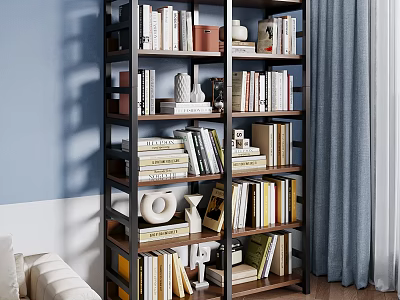 Modern Bookshelf With Metal Frame Multiple Layers Books And Decorative Items In Living Room 3d model