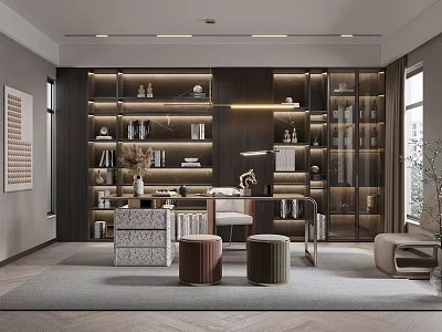 Modern Study Room Interior With Built in Bookshelves Writing Desk Table Lamp And Area Rug Decorative Items 3d model