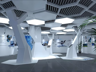 Modern Exhibition Hall Interior With Geometric Columns Grille Ceiling Bright Lighting And Display Screens 3d model