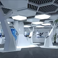 Modern Exhibition Hall Interior With Geometric Columns Grille Ceiling Bright Lighting And Display Screens