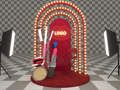 Photo Booth With Marquee Lights Makeup Props And Studio Lights 3d model