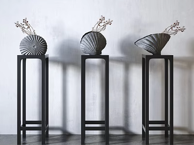 Modern Shell Shaped Bonsai Planters on Black Pedestals with Dried Flowers 3d model