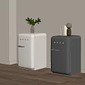 Retro Mini Fridges in White and Gray with Decorative Plant and Wooden Floor