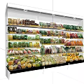 Commercial Freezer Display Stocked with Various Frozen Vegetables Fruits and Packaged Foods on Multiple Shelves