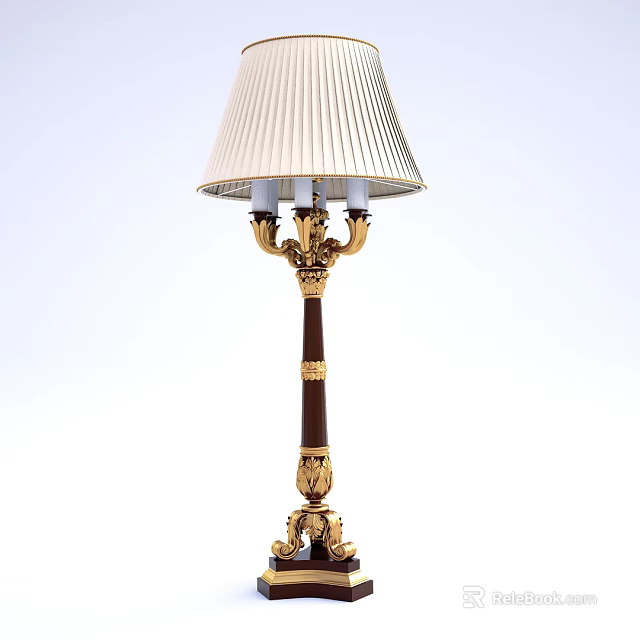 Classic Floor Lamp With White Pleated Lampshade And Gold Accent Dark Wooden Pole 3d model 