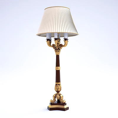 Classic Floor Lamp With White Pleated Lampshade And Gold Accent Dark Wooden Pole 3d model